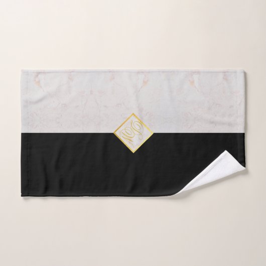 Monogram Zwart Wit Marmer Goud Elegant Script Handdoek (Handdoek)