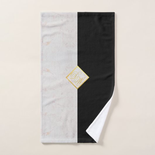 Monogram Zwart Wit Marmer Goud Elegant Script Handdoek (Handdoek)