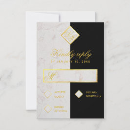 Monogram Zwart Wit Marmer Goud Elegante Trouw RSVP Kaartje