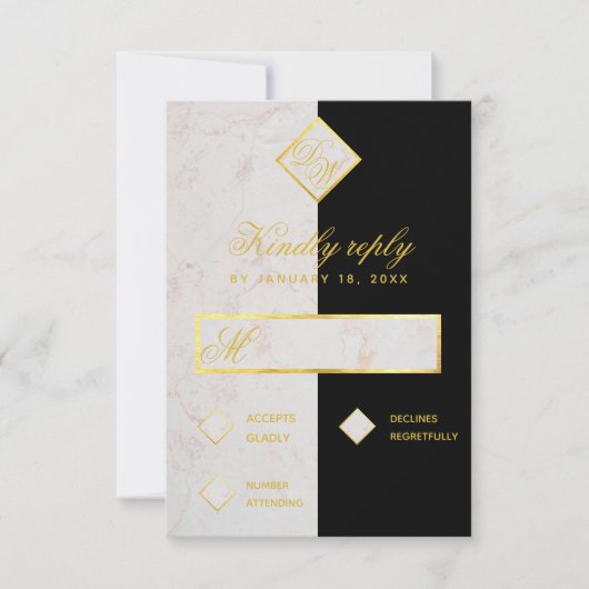 Monogram Zwart Wit Marmer Goud Elegante Trouw RSVP Kaartje (Voorkant)