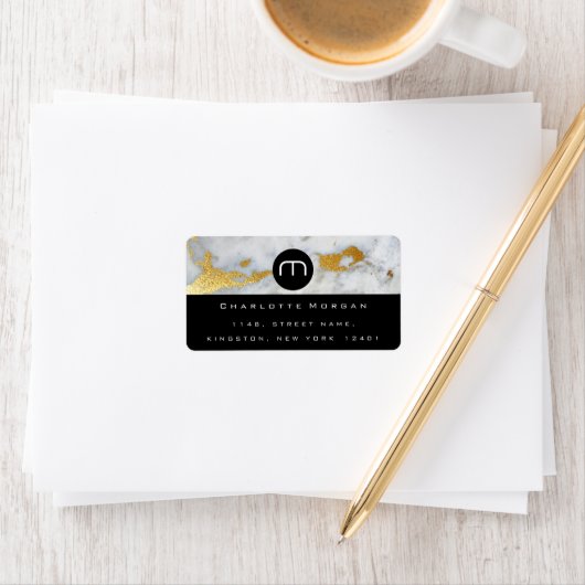 Monogram Zwart Wit Marmer Goud Grijs VIP RSVP Etiket (Insitu)