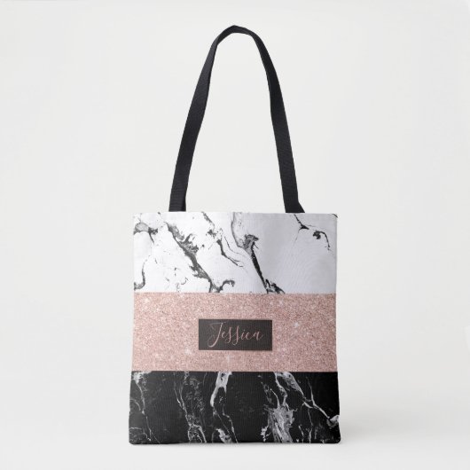 Monogram zwart wit marmer roos gouden strepen tote bag (Voorkant)