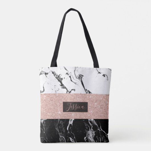 Monogram zwart wit marmer roos gouden strepen tote bag (Achterkant)