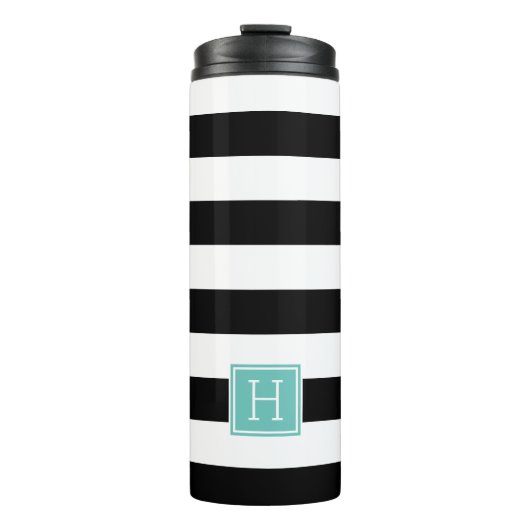 Monogram zwart-wit met witte strepe Aqua Thermosbeker (Voorkant)