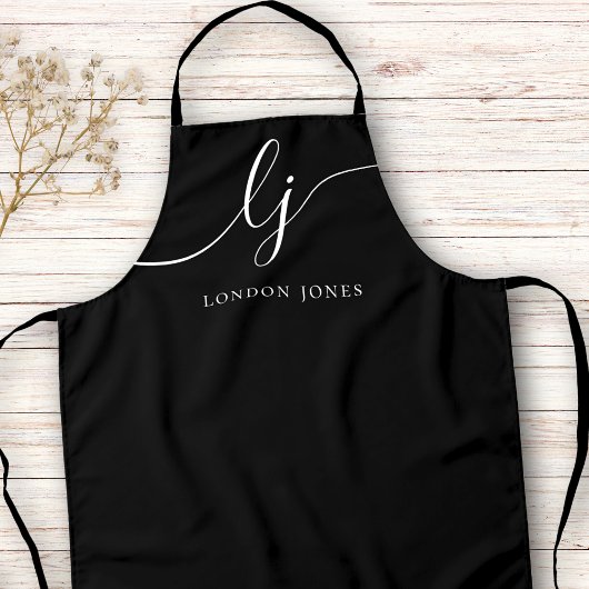 Monogram Zwart Wit Moderne Minimale Kalligrafie Schort