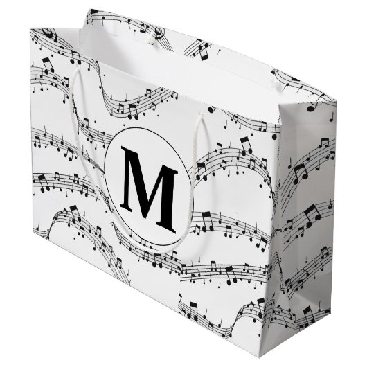 Monogram zwart-wit muzieknotitie groot cadeauzakje (Achterkant Gekanteld)