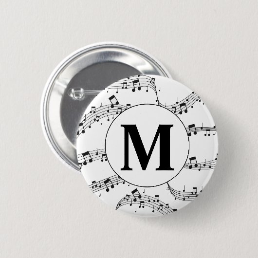 Monogram zwart-wit muzieknotitie ronde button 5,7 cm (Voorkant /achterkant)