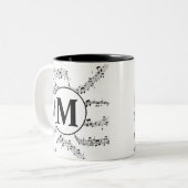 Monogram zwart-wit muzieknotitie tweekleurige koffiemok (Voorkant links)