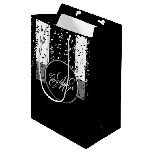 Monogram zwart-wit muziekstripes Gift Bag 3 Medium Cadeauzakje (Voorkant Gekanteld)