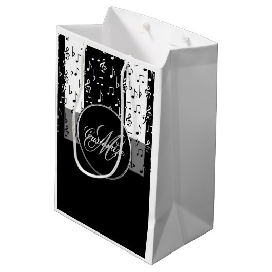 Monogram zwart-wit muziekstripes Gift Bag 4 Medium Cadeauzakje (Achterkant Gekanteld)