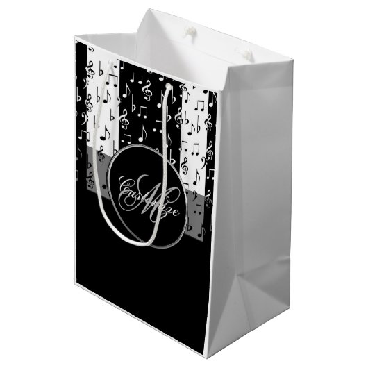 Monogram zwart-wit muziekstripes Gift Bag 4 Medium Cadeauzakje (Voorkant Gekanteld)