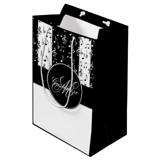 Monogram zwart-wit muziekstripes Gift Bag 6 Medium Cadeauzakje (Voorkant Gekanteld)