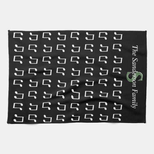 Monogram Zwart Wit Muzikale Nota Muziek Theedoek (Horizontaal)