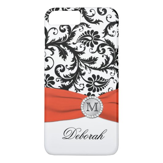 Monogram zwart, wit, Oranje Damask iPhone 7 Hoesje (Achterkant)