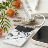 Monogram Zwart & Wit Originele Stipple Kunst Bloem Sleutelhanger (Voorkant Rechts)