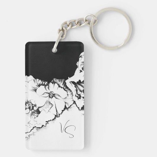 Monogram Zwart & Wit Originele Stipple Kunst Bloem Sleutelhanger (achterkant)