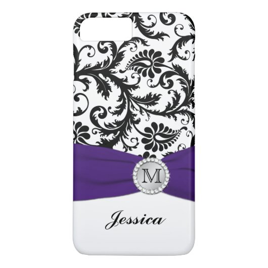 Monogram zwart, wit, Paars Damask iPhone 7 Hoesje (Achterkant)