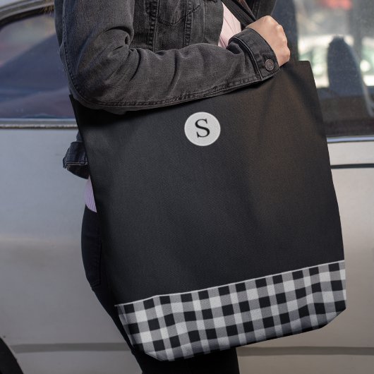 Monogram Zwart Wit Plaid Gingham Schots Tote Bag
