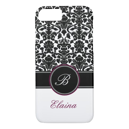 Monogram zwart, wit, Plum Damask iPhone 7 Hoesje (Achterkant)