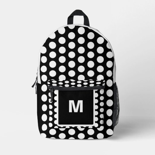 Monogram zwart wit polka stippen bedrukte rugzak (Voorkant)