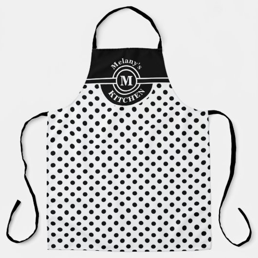 Monogram zwart-wit polkadot keuken schort (Voorkant)