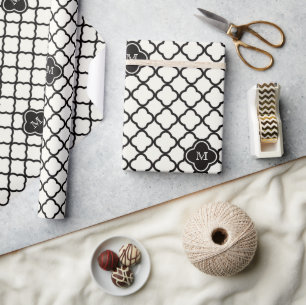 Monogram Zwart & Wit Quatrefoil Patroon Bruiloft Cadeaupapier
