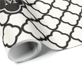Monogram Zwart & Wit Quatrefoil Patroon Wedding Cadeaupapier (Rol Hoek)