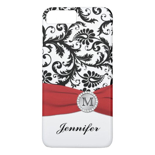 Monogram zwart, wit, Red Damask iPhone 7 Hoesje (Achterkant)