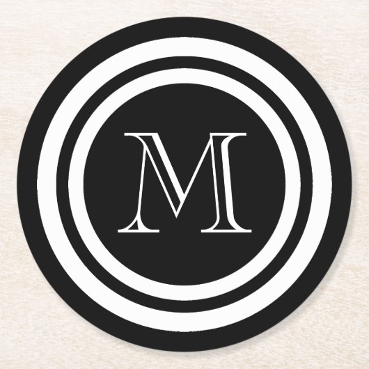 Monogram zwart-wit ronde kartonnen onderzetter (Voorkant)
