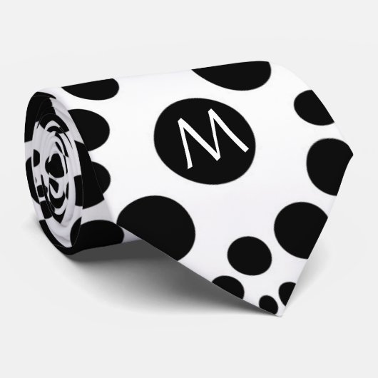 Monogram zwart-wit-ronde-ronde-schijfpatroon stropdas (Opgerold)