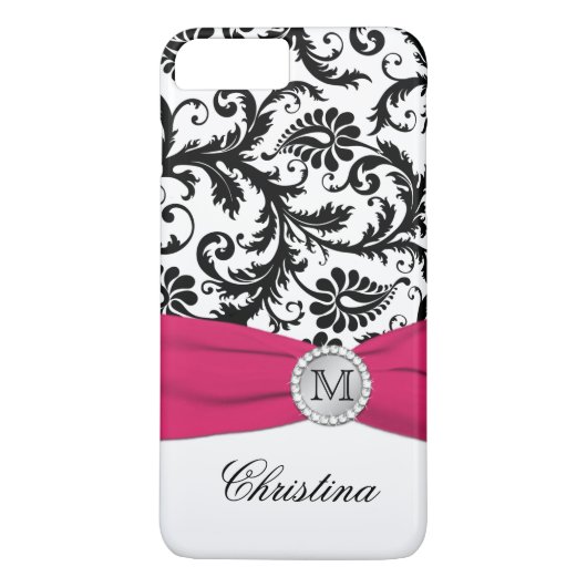 Monogram zwart, wit, roze Damask iPhone 7 Hoesje (Achterkant)
