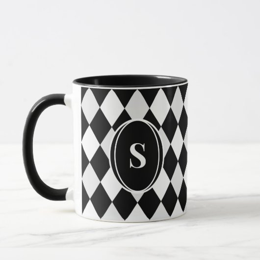 Monogram zwart-wit ruitpatroon harlekijn mok (Links)