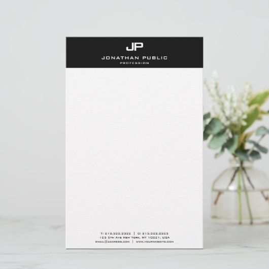 Monogram Zwart-wit Sjabloon Modern Elegant Briefpapier (Staand voorkant)
