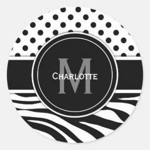 Monogram Zwart Wit Stippen en Zebra Strepen Ronde Sticker