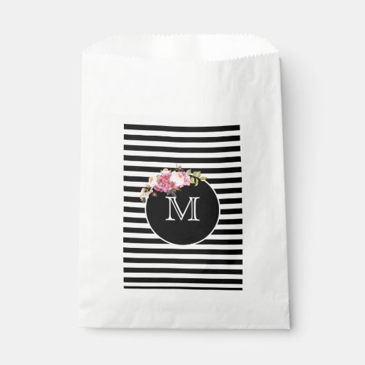 Monogram Zwart-wit Streep met Bloemen Bedankzakje (Voorkant)