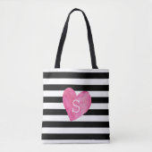 Monogram zwart-wit Stripe Roze Heart Tote Bag (Voorkant)
