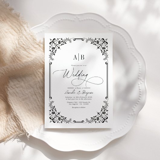Monogram zwart-wit trouwfoto en QR-code Kaart