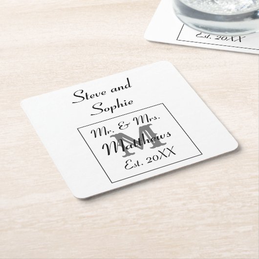 Monogram Zwart-Wit Trouwnamen Kartonnen Onderzetters (Schuin)