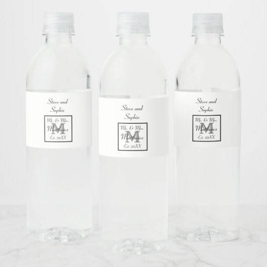 Monogram Zwart-Wit Trouwnamen Waterfles Etiket (Flessen)
