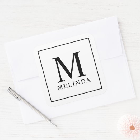Monogram zwart-wit vierkante sticker (Envelop)
