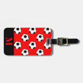 Monogram Zwart/Wit Voetbal Football Ballen op Rood Bagagelabel (Voorkant horizontaal)