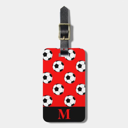 Monogram Zwart/Wit Voetbal Football Ballen op Rood Bagagelabel (Voorkant verticaal)