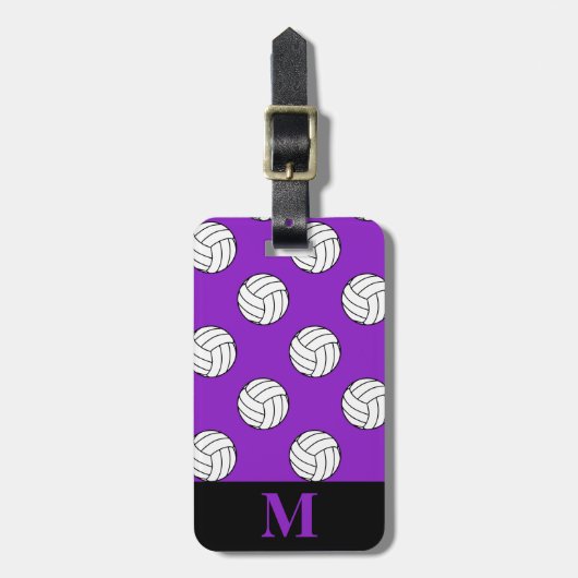 Monogram Zwart Wit Volleybal Ballen, Paarse Bagagelabel (Voorkant verticaal)