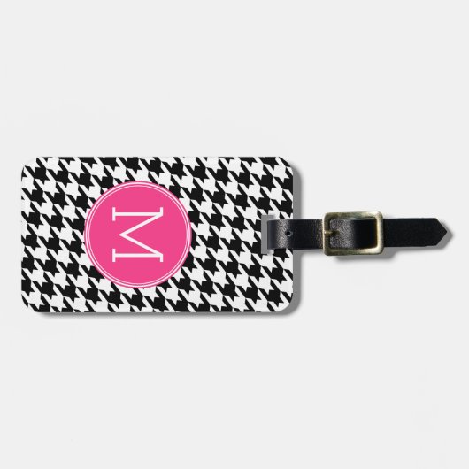 Monogram zwart wit, warm roze, troebel patroonmono bagagelabel (Voorkant horizontaal)