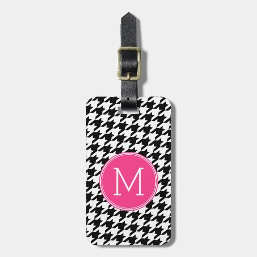 Monogram zwart wit, warm roze, troebel patroonmono bagagelabel (Voorkant verticaal)