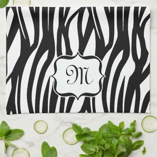 Monogram Zwart-wit Zebra Print Keukenhanddoek (Gevouwen)
