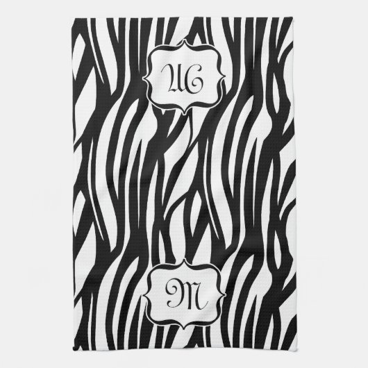Monogram Zwart-wit Zebra Print Keukenhanddoek (Verticaal)