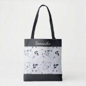 Monogram Zwart Wit Zilver Grijs Bloem Bladeren Tote Bag (Voorkant)
