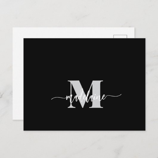 Monogram Zwart Wit Zilver Kleur Persoonlijk Briefkaart (Voorkant / Achterkant)