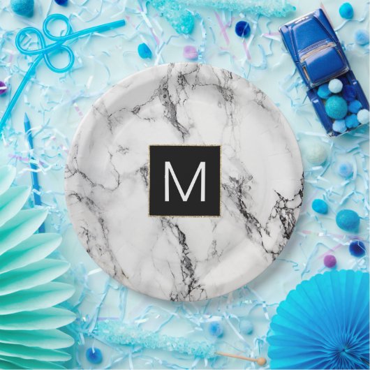 monogram zwart - witte marmer papieren bordje (Feest)